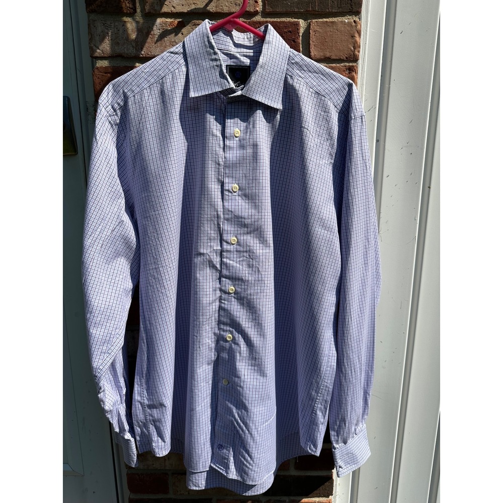 David Donahue Men's Dress Shirt 16.5 Purple Blue Micro Check Cotton Button Up